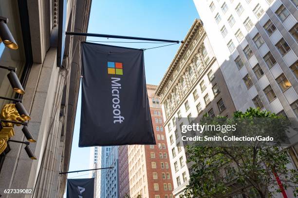 Flag with logo at the San Francisco headquarters of software company Microsoft, in the Financial District neighborhood of San Francisco, California,...