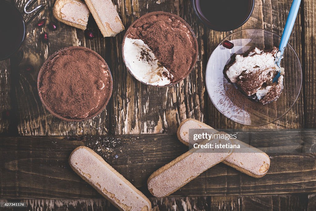 Homamade tiramisu, traditional Italian dessert in glass