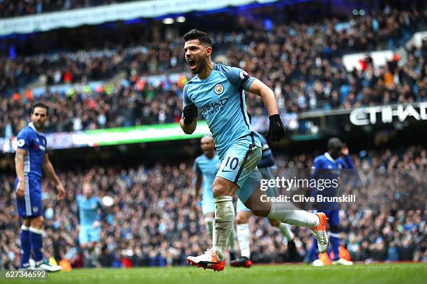 Sergio Aguero of Manchester City celebrates his team's first goal scored by Gary Cahill of Chelsea during the Premier League match between Manchester...
