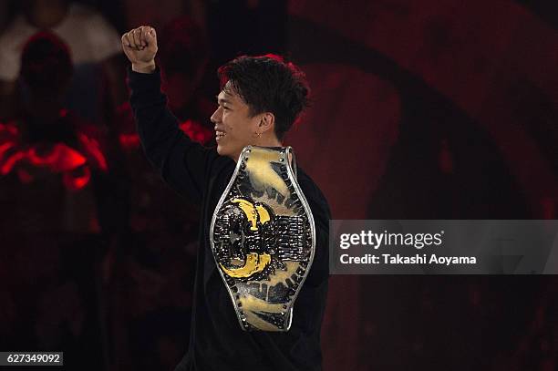 Issei of Japan celebrates with the winners belt during the Red Bull BC One World Final Japan 2016 at the Aichi Prefectural Gymnasium on December 3,...