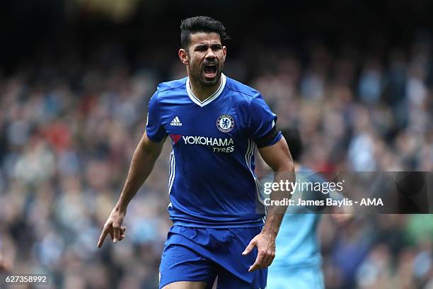 Diego Costa of Chelsea celebrates scoring his team's first goal to make the score 1-1 during the Premier League match between Manchester City and...