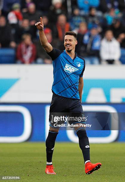 Sandro Wagner of TSG 1899 Hoffenheim celebrates scoring a goal during the Bundesliga match between TSG 1899 Hoffenheim and 1. FC Koeln at Wirsol...