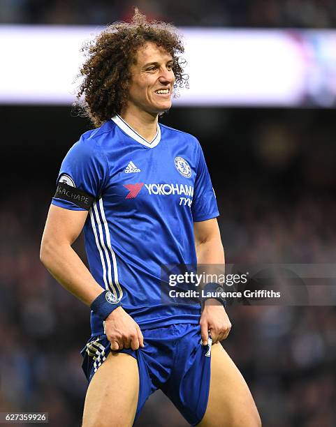 David Luiz of Chelsea gestures during the Premier League match between Manchester City and Chelsea at Etihad Stadium on December 3, 2016 in...