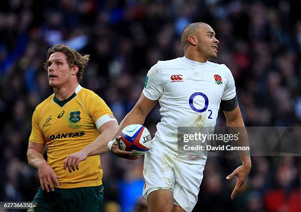 Jonathan Joseph of England celebrates scoring his sides first try during the Old Mutual Wealth Series match between England and Australia at...
