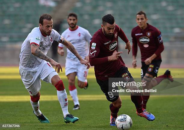 Vaggelis Moras of AS Bari and Massimo Coda of US Salernitana FC in action during the Serie B match between AS Bari and US Salernitana FC at Stadio...