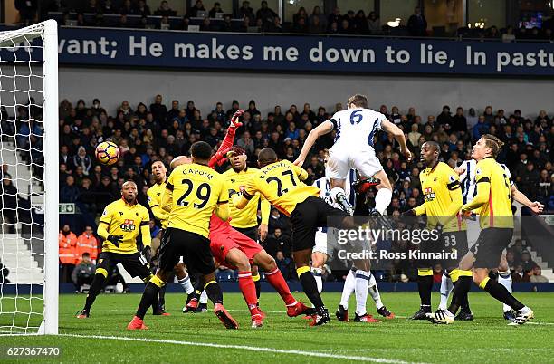 Jonny Evans of West Bromwich Albion heads to score the opening goal during the Premier League match between West Bromwich Albion and Watford at The...