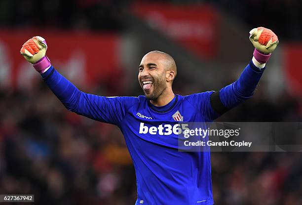 Lee Grant of Stoke City celebrates his team's second goal during the Premier League match between Stoke City and Burnley at Bet365 Stadium on...