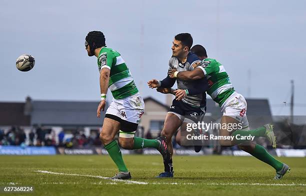 Galway , Ireland - 3 December 2016; Tiernan OHalloran of Connacht is tackled by Michael Tagicakibau, supported by Ian McKinley of Treviso during the...