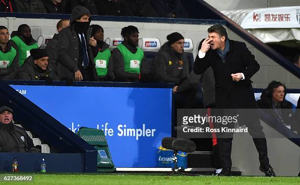 Walter Mazzarri, Manager of Watford reacts during the Premier League match between West Bromwich Albion and Watford at The Hawthorns on December 3,...