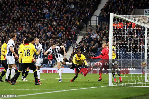 Jonny Evans of West Bromwich Albion scores the first goal during the Premier League match between West Bromwich Albion and Watford at The Hawthorns...