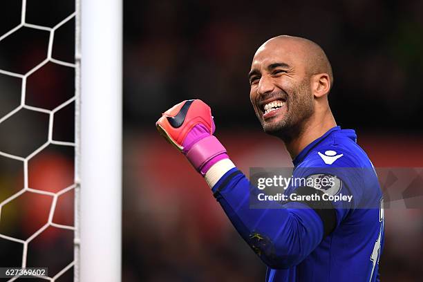 Lee Grant of Stoke City celebrates his team's second goal during the Premier League match between Stoke City and Burnley at Bet365 Stadium on...