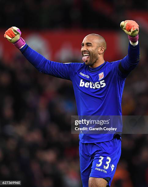 Lee Grant of Stoke City celebrates his team's second goal during the Premier League match between Stoke City and Burnley at Bet365 Stadium on...