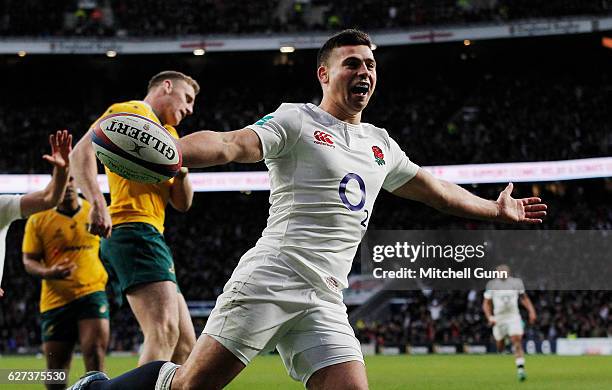 Ben Youngs of England celebrates scoring a try during the Old Mutual Wealth Series match between England and Australia at Twickenham Stadium on...