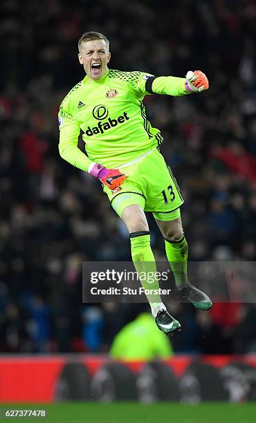 Jordan Pickford of Sunderland celebrates his team's first goal during the Premier League match between Sunderland and Leicester City at Stadium of...