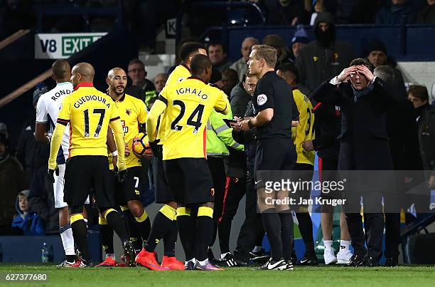 Walter Mazzarri , Manager of Watford reacts after Roberto Pereyra was sent off during the Premier League match between West Bromwich Albion and...