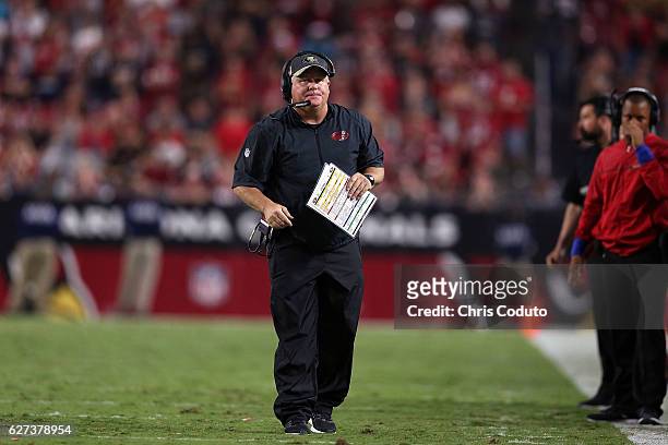 Head coach Chip Kelly of the San Francisco 49ers during the second half of the NFL football game against the Arizona Cardinals at University of...