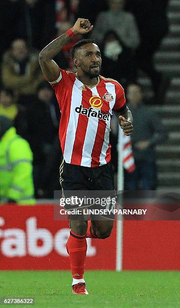 Sunderland's English striker Jermain Defoe celebrates scoring his team's second goal during the English Premier League football match between...