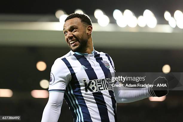 Matthew Phillips of West Bromwich Albion celebrates scoring his team's third goal to make the score 3-1 during the Premier League match between West...