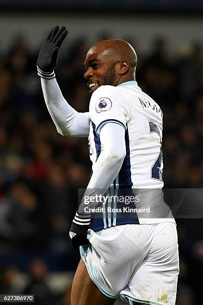 Allan Nyom of West Bromwich Albion celebrates during the Premier League match between West Bromwich Albion and Watford at The Hawthorns on December...