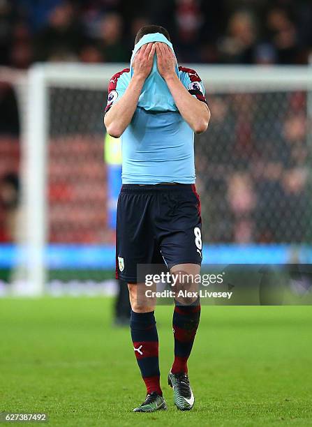Dean Marney of Burnley show his dejection after his team's 0-2 defeat in the Premier League match between Stoke City and Burnley at Bet365 Stadium on...