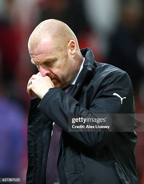 Sean Dyche, Manager of Burnley shows his dejection after his team's 0-2 defeat in the Premier League match between Stoke City and Burnley at Bet365...