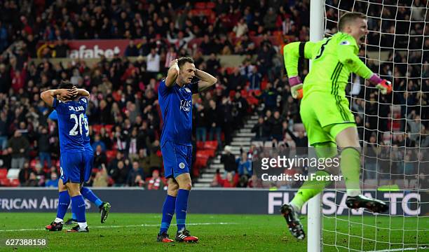 Leicester player Andy King reacts after Sunderland goalkeeper Jordan Pickford had made a last minute save to deny Leicester a draw during the Premier...