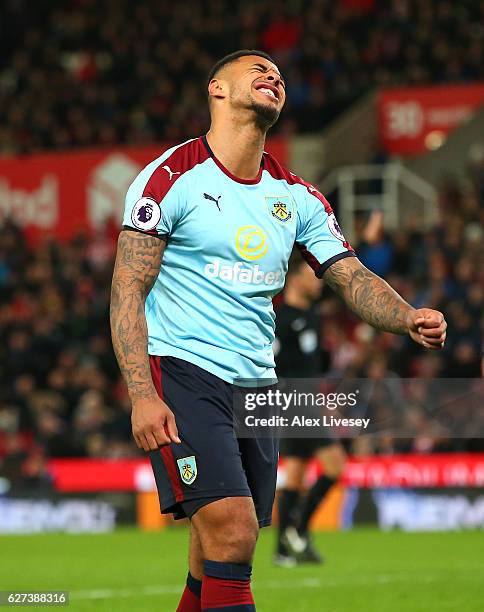 Andre Gray of Burnley reacts during the Premier League match between Stoke City and Burnley at Bet365 Stadium on December 3, 2016 in Stoke on Trent,...