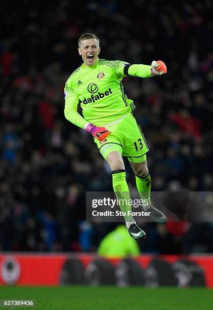 Jordan Pickford of Sunderland celebrates his team's winning goal during the Premier League match between Sunderland and Leicester City at Stadium of...