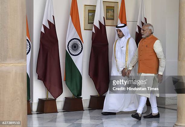 Prime Minister Narendra Modi with his Qatar Prime Minister Sheikh Abdullah bin Nasser bin Khalifa Al Thani before a meeting at Hyderabad House, on...