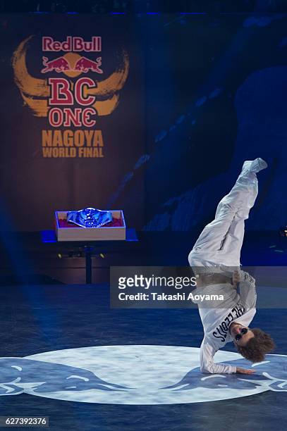 Kleju of Poland competes against Victor of USA during the Red Bull BC One World Final Japan 2016 at the Aichi Prefectural Gymnasium on December 3,...