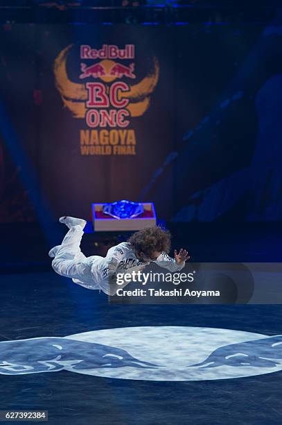 Kleju of Poland competes against Victor of USA during the Red Bull BC One World Final Japan 2016 at the Aichi Prefectural Gymnasium on December 3,...