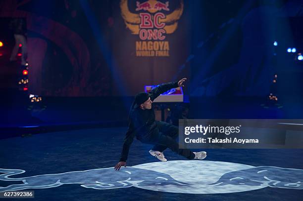 Kuzya of Ukraine competes against Nori of Japan during the Red Bull BC One World Final Japan 2016 at the Aichi Prefectural Gymnasium on December 3,...