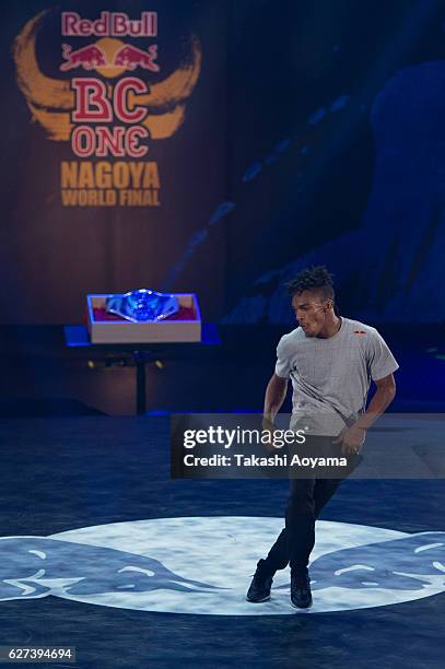 Neguin of Brazil competes against Bruce Almighty of Portugal during the Red Bull BC One World Final Japan 2016 at the Aichi Prefectural Gymnasium on...