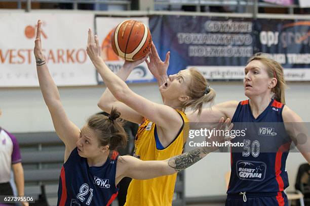 Anna Vinokurova of the Astana Tigers in action against Anna Jakubiuk of the Basket Gdynia during Eastern European Womens Basketball League Group B...