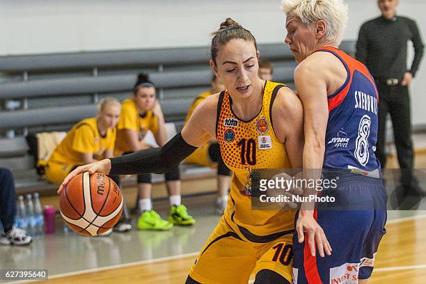 Zalina Kurazova of the Astana Tigers in action against Jelena Skerovic of the Basket Gdynia during Eastern European Womens Basketball League Group B...