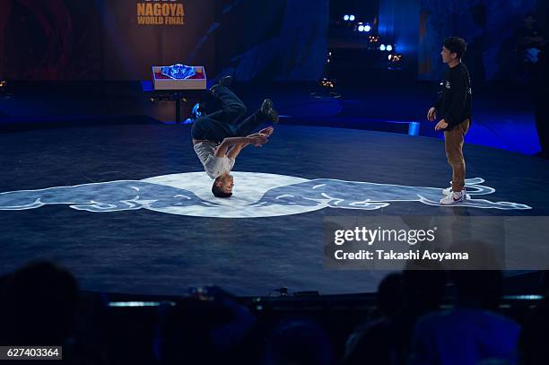Sunni of United Kingdom competes against Issei of Japan during the Red Bull BC One World Final Japan 2016 at the Aichi Prefectural Gymnasium on...