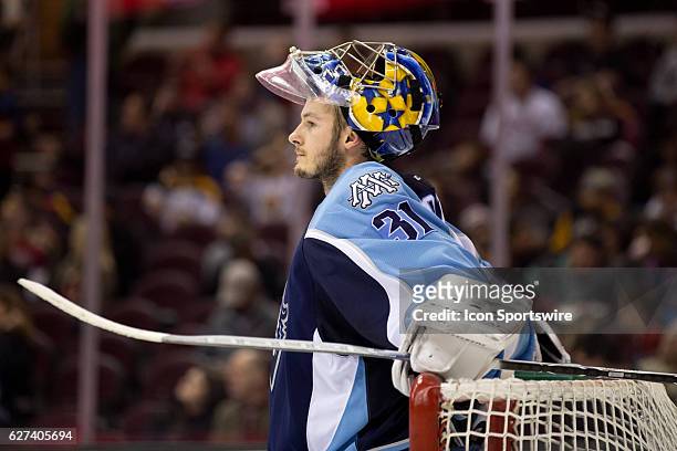 Milwaukee Admirals G Marek Mazanec in goal during the second period of the AHL hockey game between the Milwaukee Admirals and Cleveland Monsters on...
