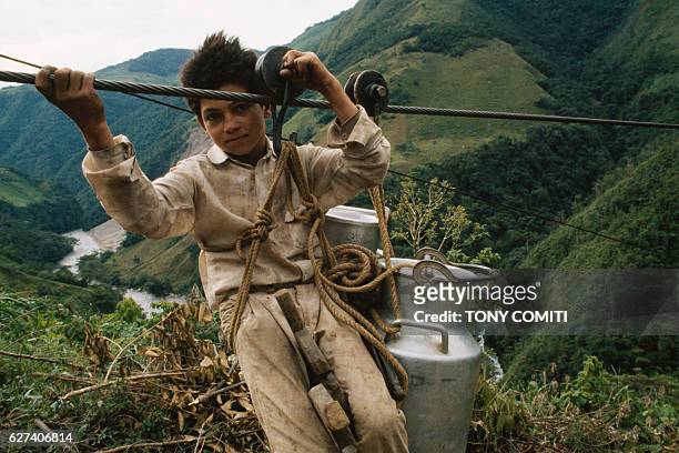 At Vilavivencio, 200 kilometers from Bogota, there are no roads through the valley. Children use cables as a sort of trolley to and from school, or...