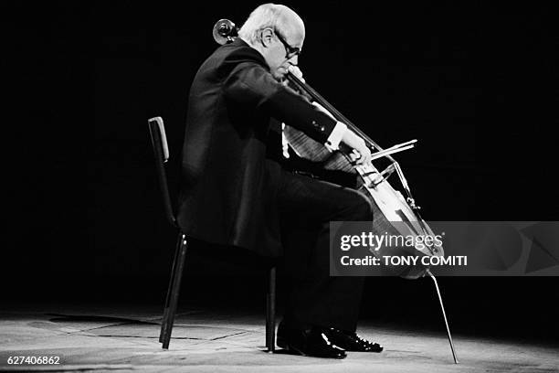 Russian conductor, cellist and pianist Mstislav Rostropovich on stage at Salle Pleyel.