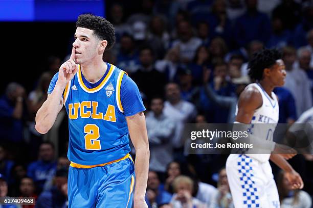 Lonzo Ball of the UCLA Bruins reacts after making a three-point basket against the Kentucky Wildcats in the second half of the game at Rupp Arena on...