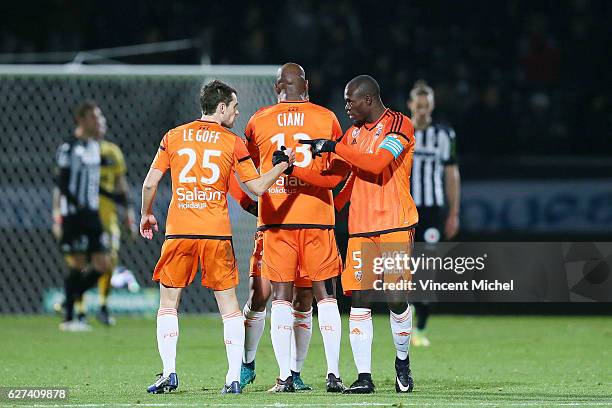 Vincent Le Goff, Mickael Ciani and Zarko Toure of Lorient during the Ligue 1 match between Angers SCO and FC Lorient on December 3, 2016 in Angers,...