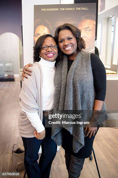 Karen Smith and singer Deborah Joy Winans attend Lionsgate 'Greenleaf' DVD celebration at Gocha Salon on December 3, 2016 in Atlanta, Georgia.