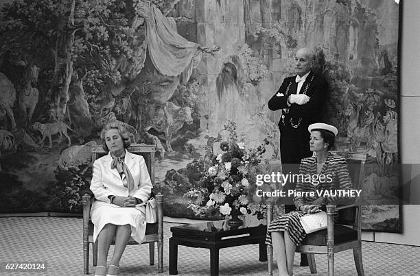 First Lady Elena Ceausescu , wife of Romanian President Nicolae Ceausescu, and Anne-Aymone Giscard d'Estaing, wife of French President Valery Giscard...