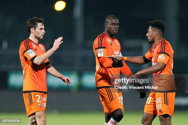 Vincent Le Goff, Zarko Toure and Steven Moreira of Lorient during the Ligue 1 match between Angers SCO and FC Lorient on December 3, 2016 in Angers,...