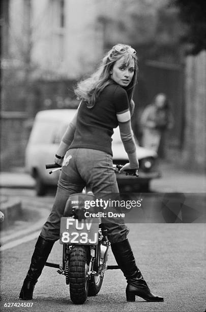 British actress Suzy Kendall on her 50cc Honda monkey bike, 2nd April 1971.