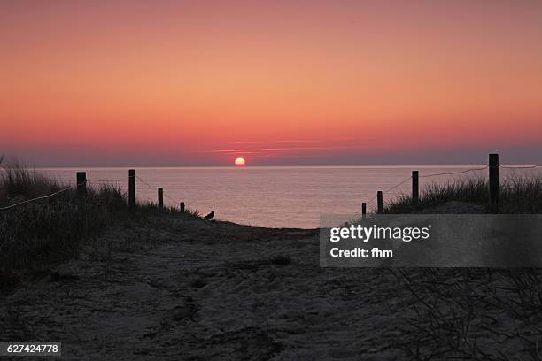 way through the dunes to the beach at baltic sea with nice sunset - sunset beach stockfoto's en -beelden