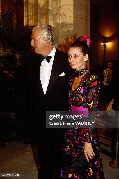 British actress Audrey Hepburn and French designer Hubert de Givenchy attend the 1985 Council of Fashion Designers of America Awards in New York.