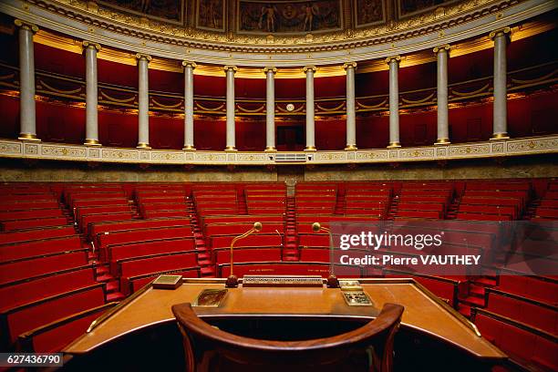 Microphones on the speaker's stand in the French National Assembly amphitheater at the Palais Bourbon.