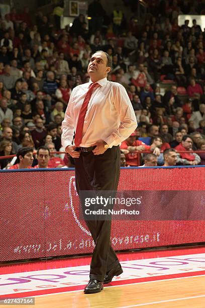 Coach Paolo Moretti in action during the Italy Lega Basket of Serie A, match between Openjobmetis VARESE vs Red October Cantù, Italy on 3 December...