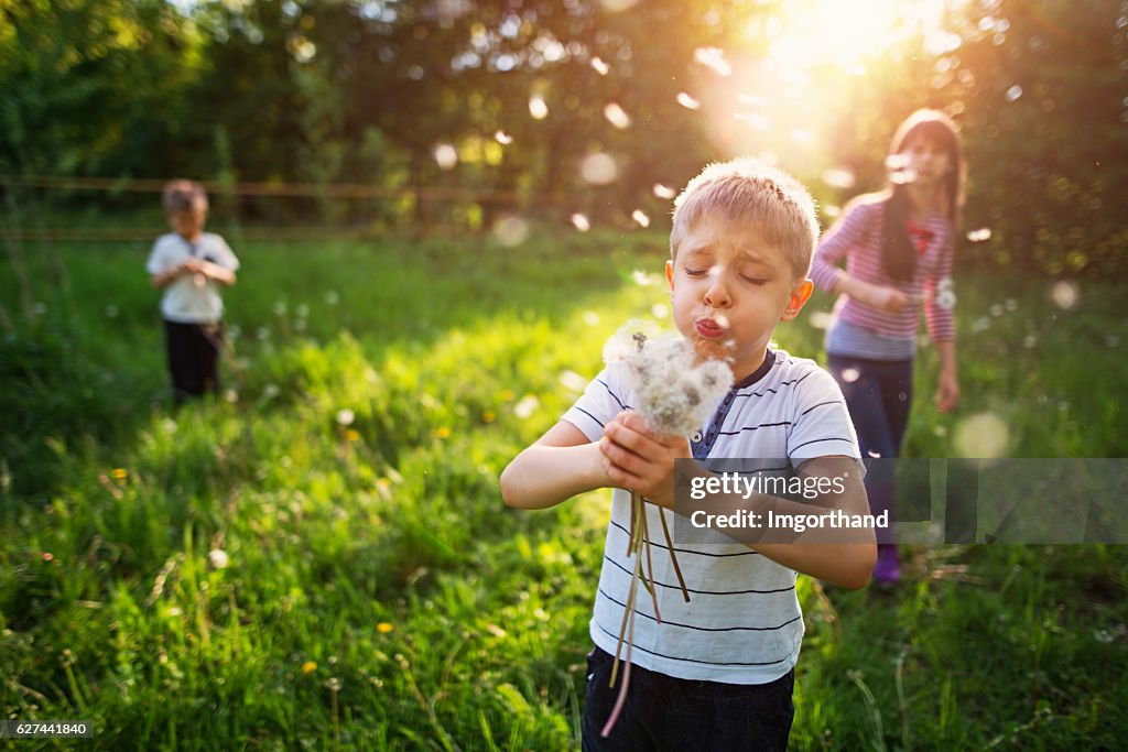 Kids enjoying spring in dandelion field